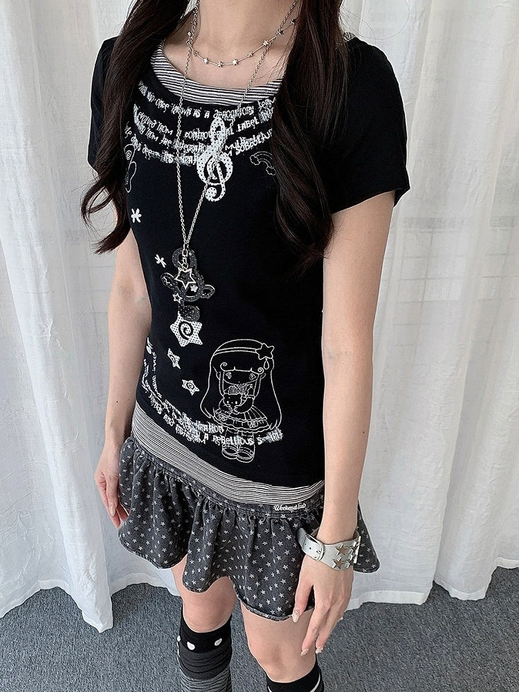 2-Color Round Neck Fake Two-Piece Striped Short Sleeve Top with Star Print - Solkatt