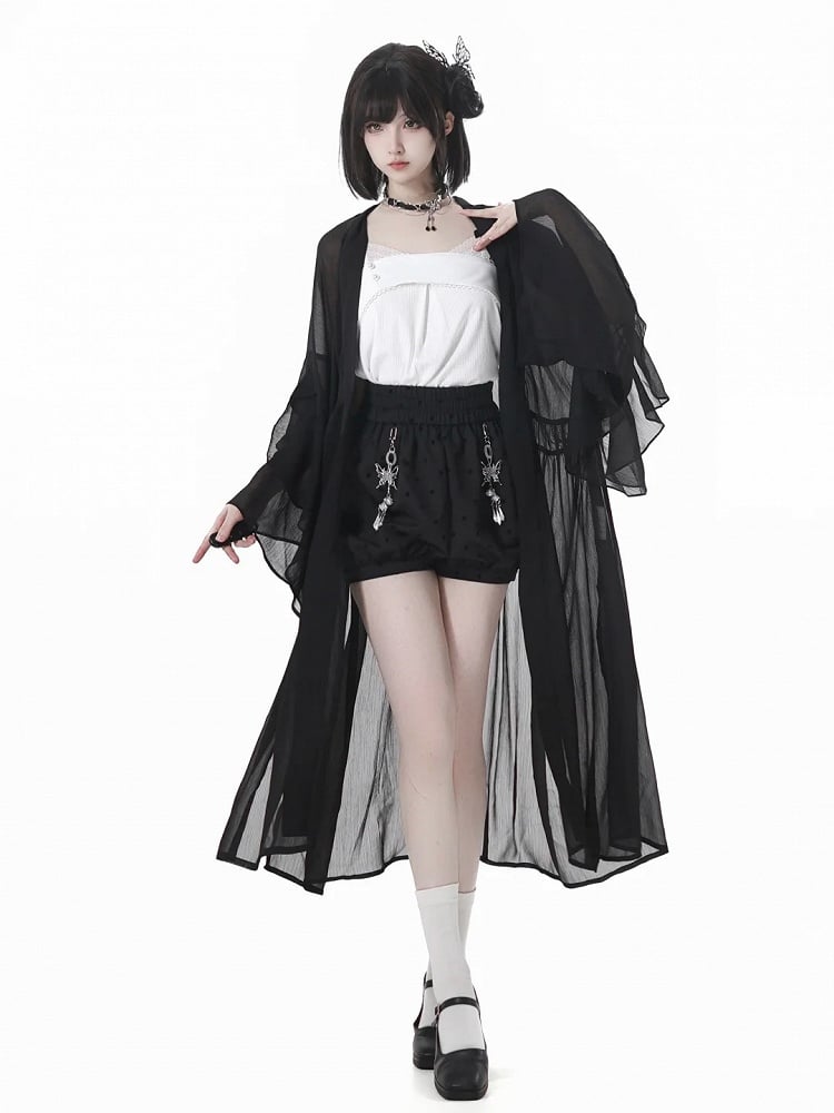 Polka-Dot Bubble Shorts with Butterfly Charms Black Cheongsam Style