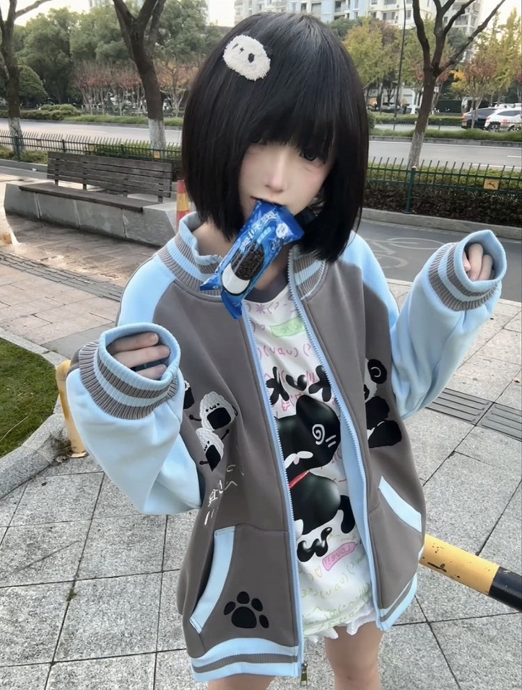 Blue and White Colorblock Long Sleeve Top with Cat Print