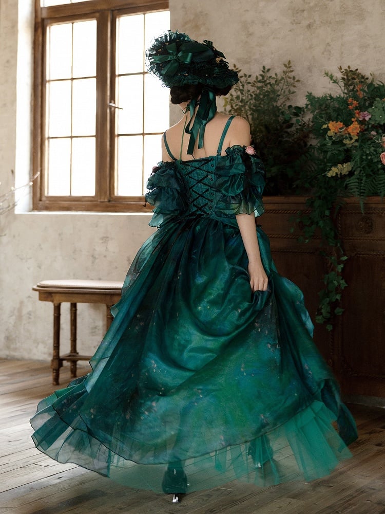 Green Vintage Oil Painting Vibes Boned Corset Top with Deatchable Straps