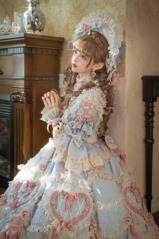 Wunderschönes Hanayome Lolita-Kleid mit Rosettenstickerei und Perlenkettendetails, Hellgrau