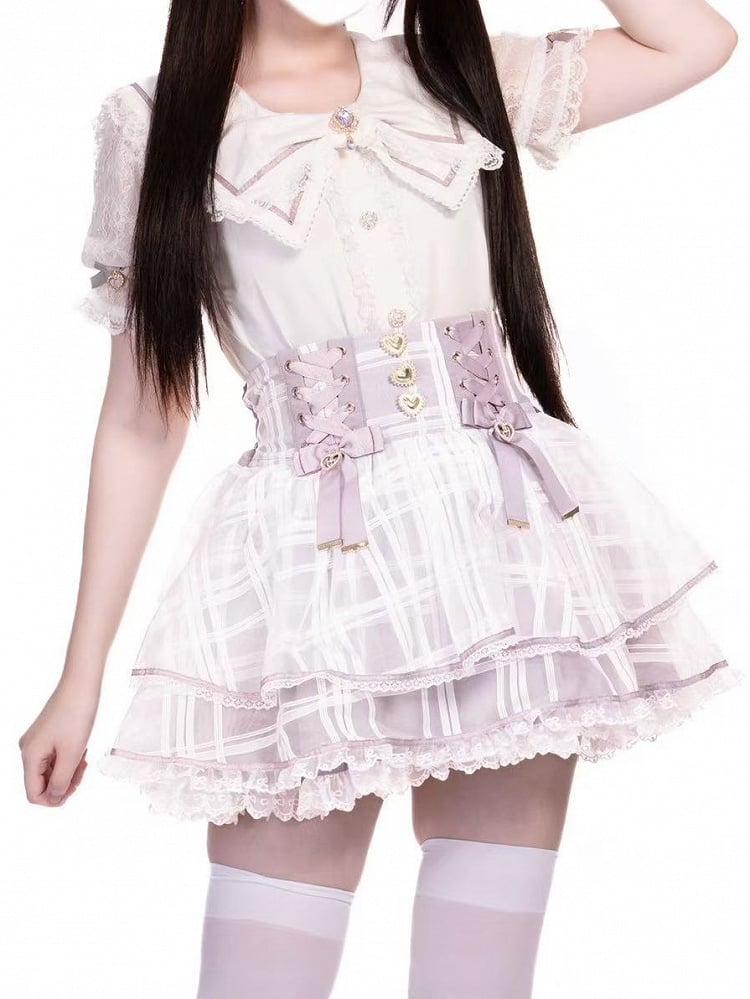 High Plaid Tiered Skirt with Lace-up Jirai Kei Organza Pink Waist