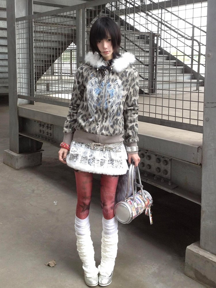 Detachable with Faux Trim Leopard Gray Gyaru Y2K Fur Print Fashion Hoodie