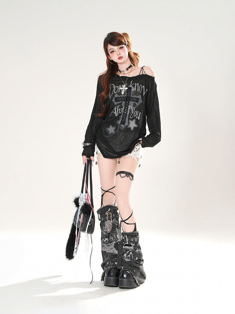 カバーアップ アシンメトリーネックライン レース クロスアップリケ ブラック/ホワイト