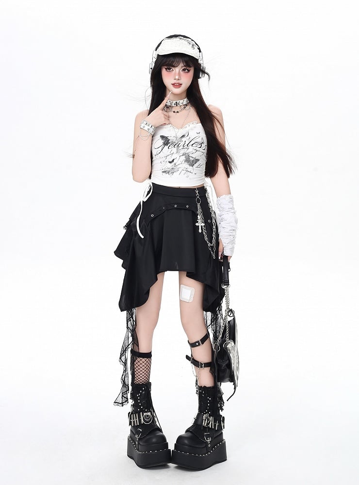 Punk Rock Skirt with Cascading Lace Ruffles and Handkerchief Hem Black