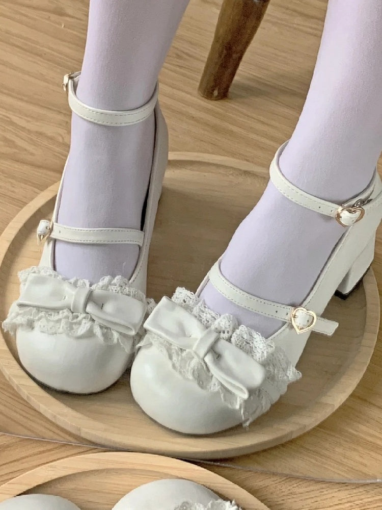 Toe at White Mid Sweet Heels Lace with Round Top Trim Bow