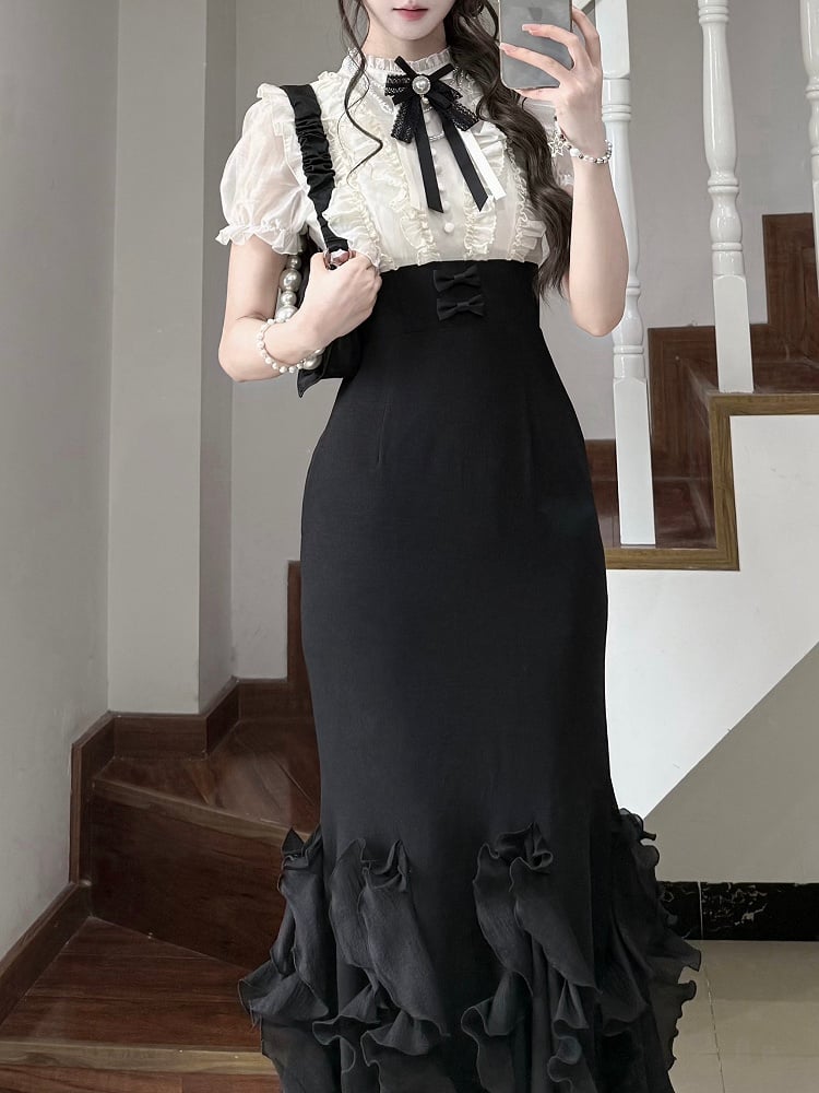 Beige Blouse & Black Mermaid Skirt Boned Waist Elegant Lolita Dress - With PUJI