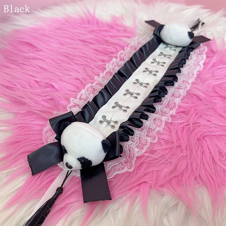 Bowknot Ruffled Hairband Jirai Panda Decorated with Black/White Lace Details Plush Tassels Trim Kei