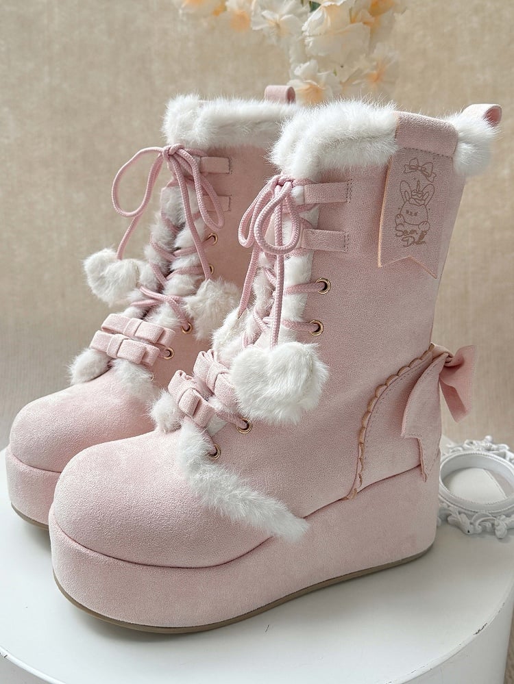 Sweet Lolita Platform Boots Pink Star Heart Bow 4cm Heel