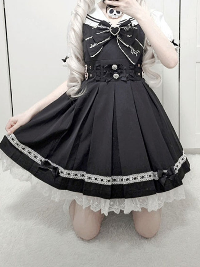 Heart Pink Sailor Collar Jirai Kei Dress Black/Light Back Bow with Self-tie Buckles