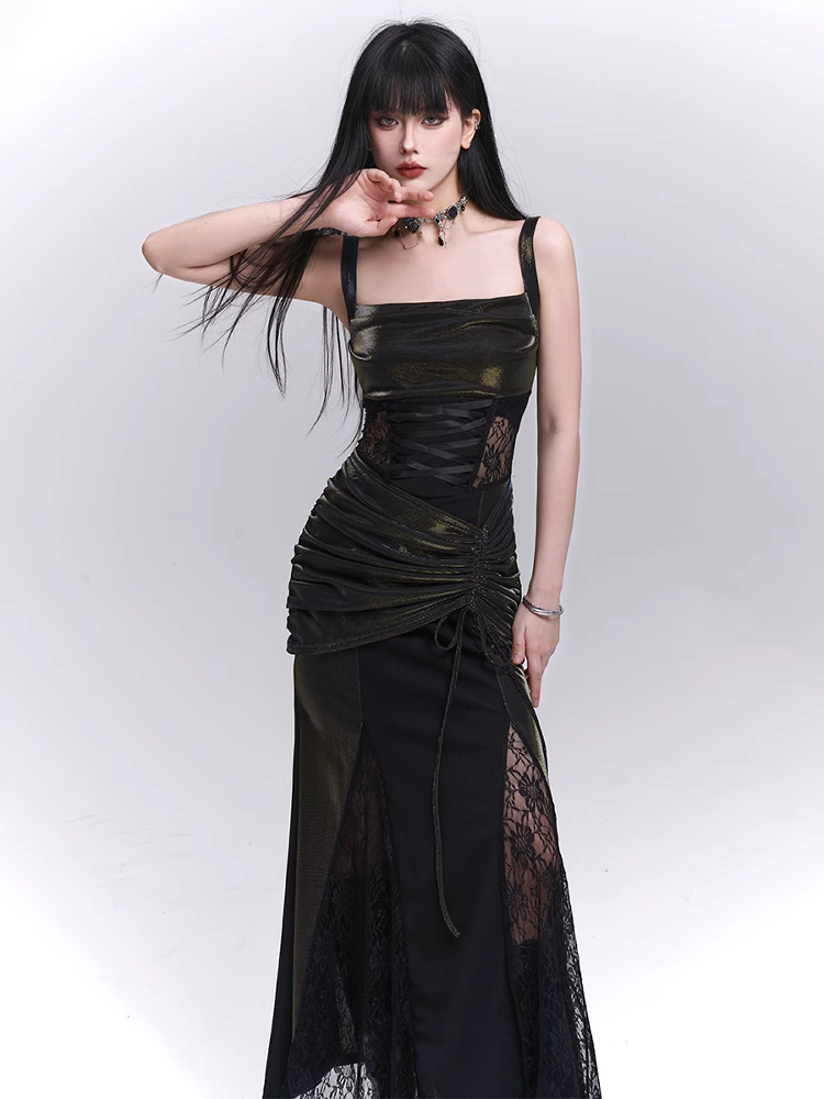 Taillenkordelzug Schwarze Spitze Hüfte Ärmelloses Kleid Patches