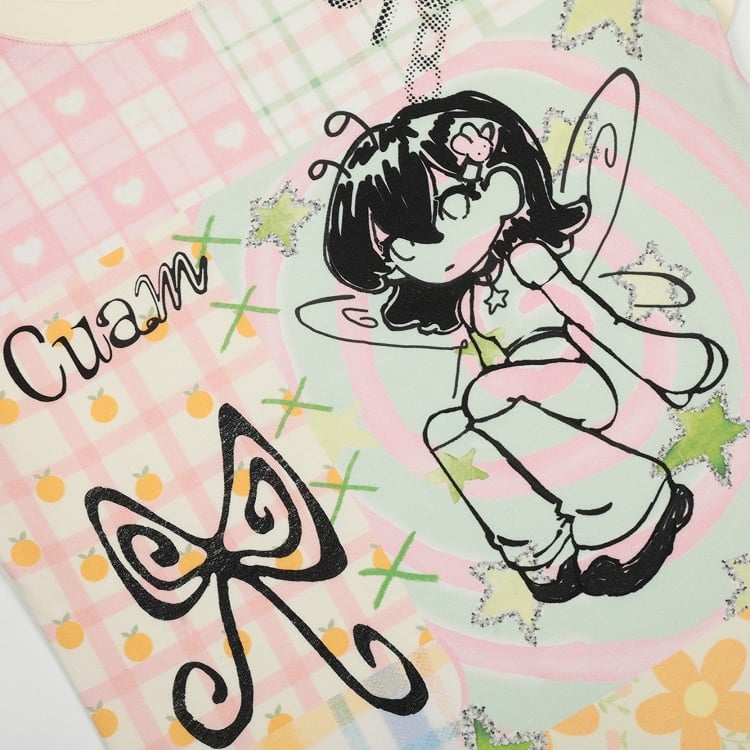 Slim-Fit T-shirt with Pink Cartoon Girl Print Blue/Apricot Plaid Patchwork