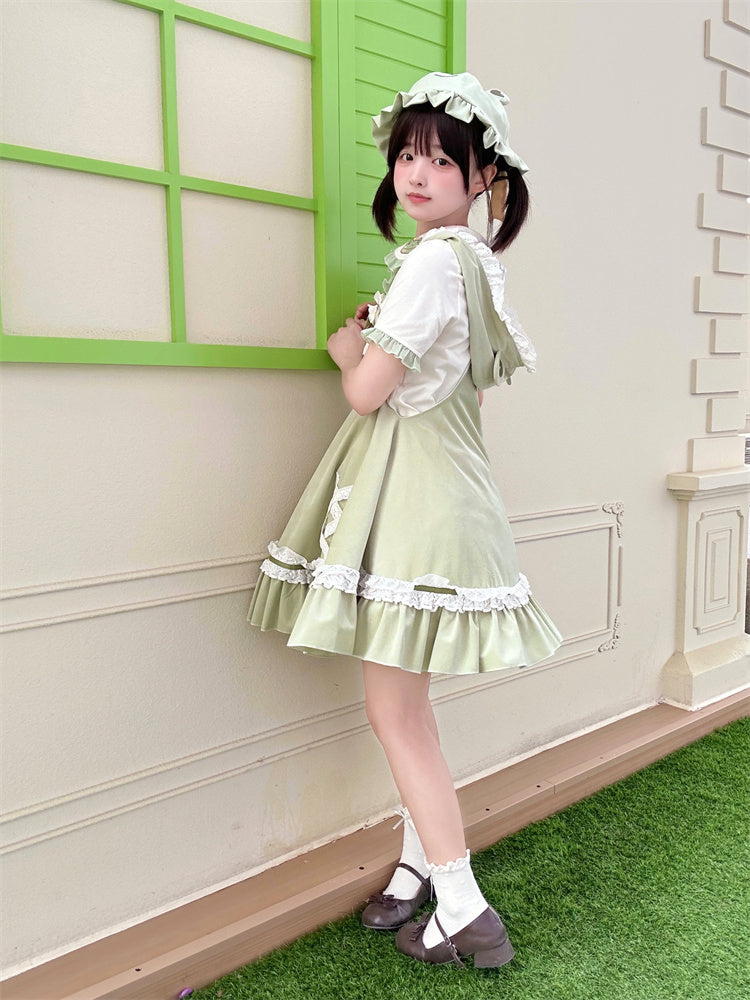 Light Green Frog Embroidery Lace Trim Overalls