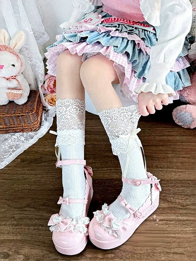 Bow-Embellished Ankle Socks with Contrast Lace Trim - Milkcat Studio