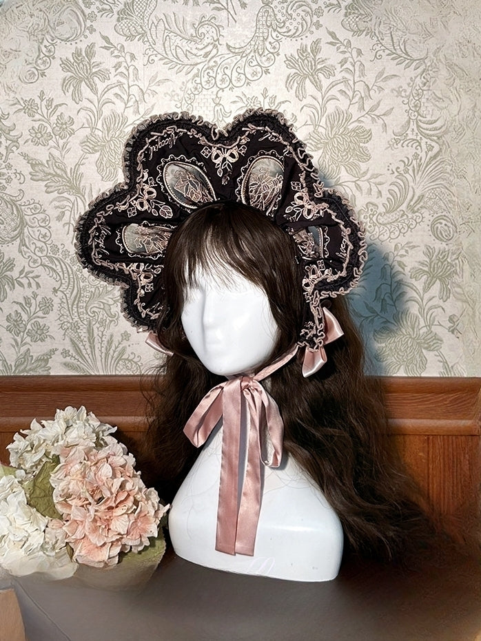 Gold Blue Floral Pink Black Bonnet / Embroidery