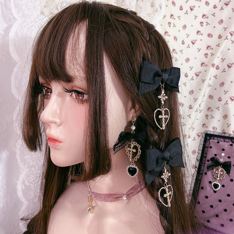 Pendant Heart 2 Bow Studs with Ear Lace Cross Options