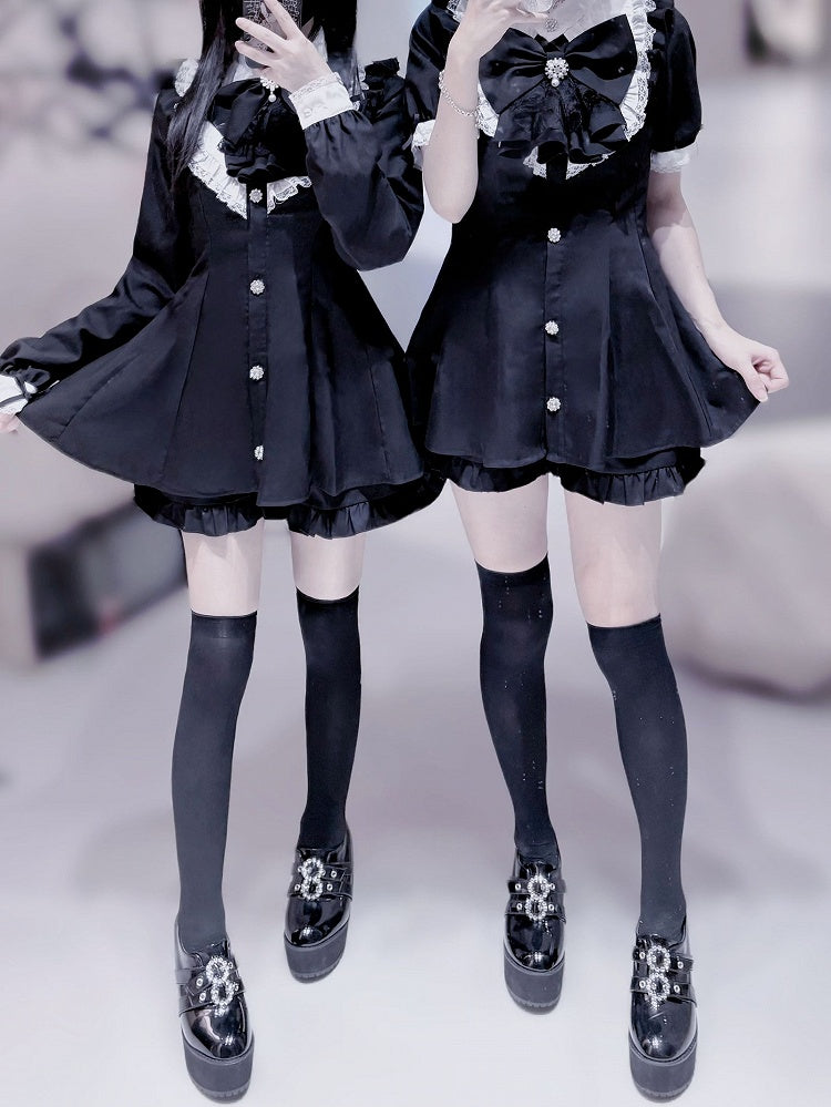 Big Jirai Kei Schwarz Abnehmbare Set Lange Bogen Kleid + Shorts Jabot Kragen und Ärmel Mini