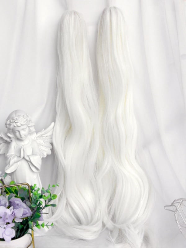 Cremeweiße Perücke mit kurzem Bob-Schnitt und Pony+Doppelt gewellte Pferdeschwanz-Krallenclips