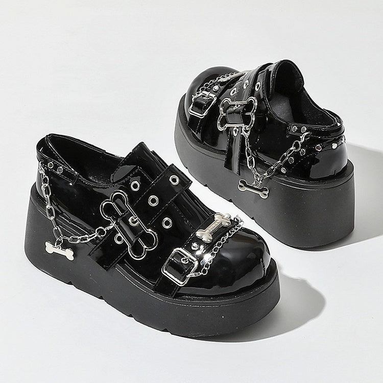 Black Chain Punk Platform Charm Shoes Polished Bone - Details