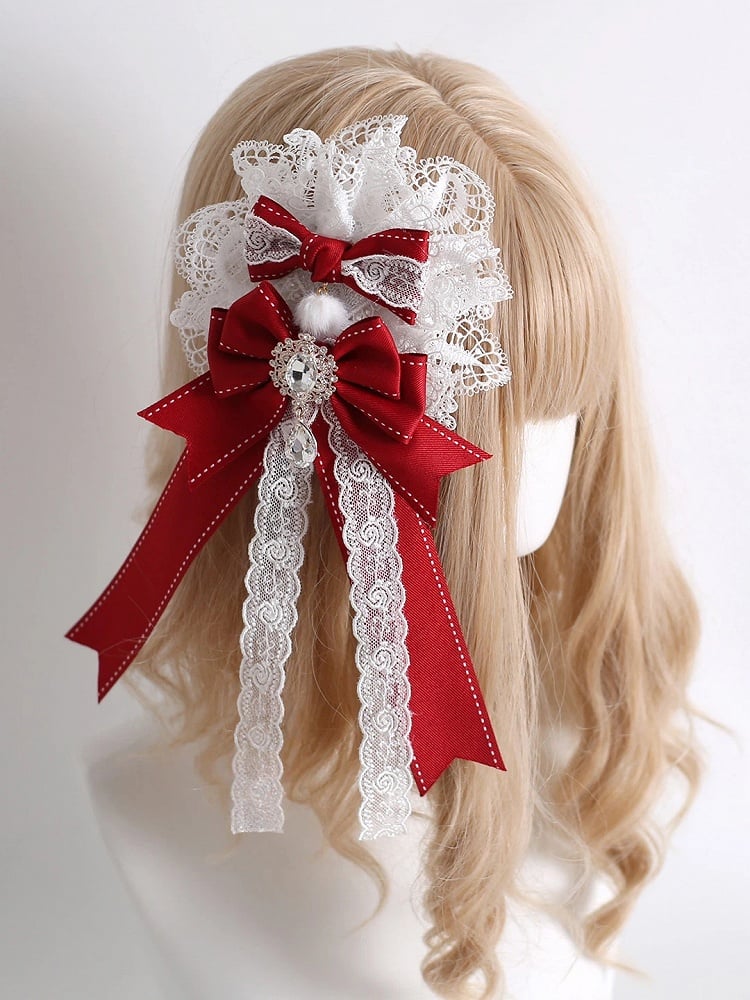 Lace Clip) Fish-Mouth Style) (Vibrant Dual-Use Hair (Brooch Red White Accessory Jeweled Elegant
