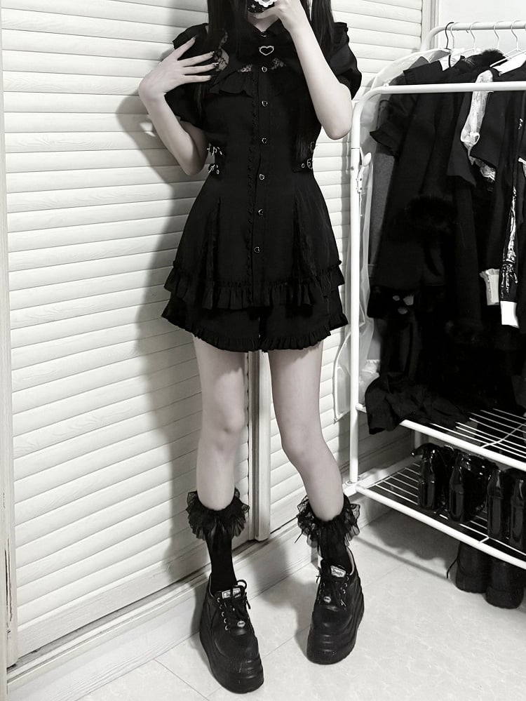 Black Buckles Matching Two-Piece Adjustable Kei Neckline Shorts Dress Waist Jirai Set: with Illusion