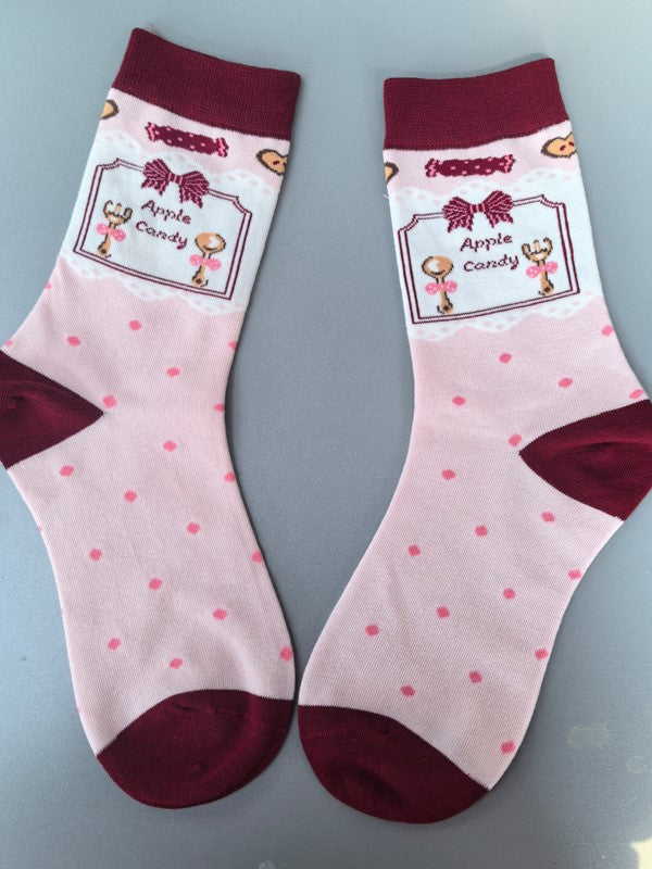 Lolita Kalbsrosa Schleife Spitzenmuster Details Manschetten Perlen Tupfen Rüschen Mit Socken