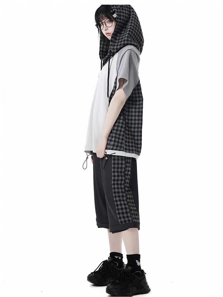 Techwear T-Shirt Plaid Patchwork Design Wolf Stickerei Wolf Ohren Kapuze Grau