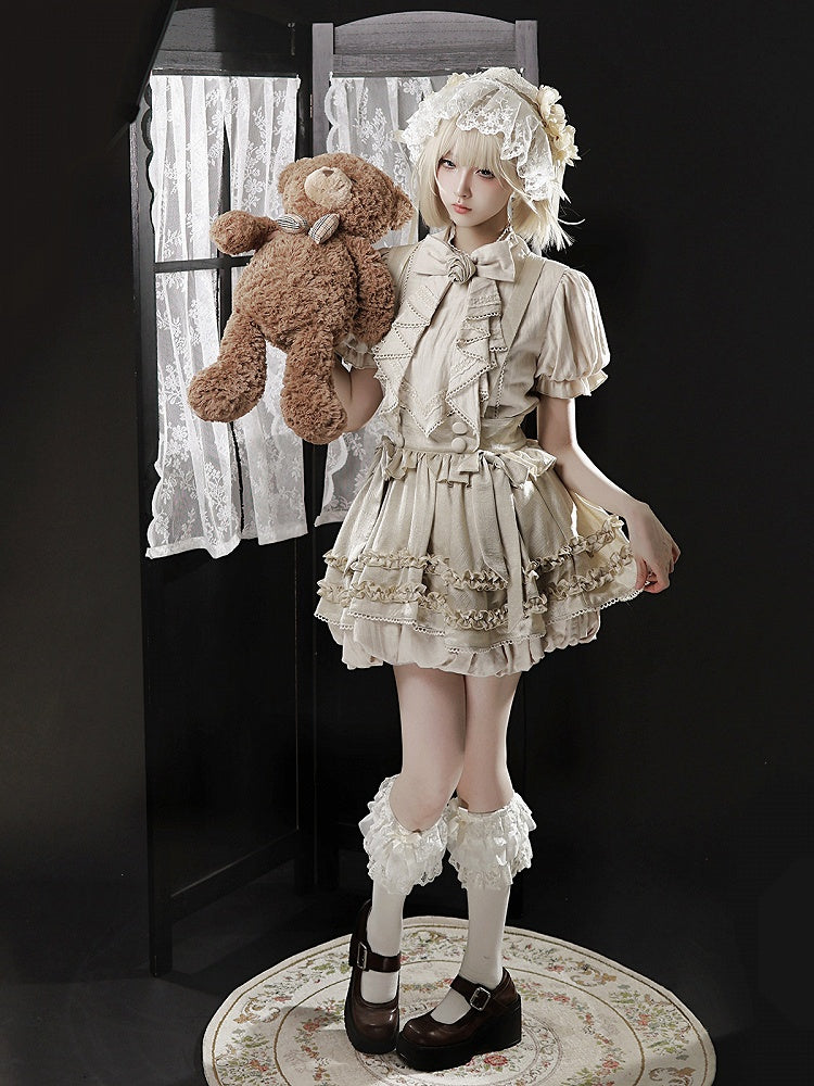Bow and Ruffle Detail Bubble Skirt with Cross Straps in Beige - Unknown Star