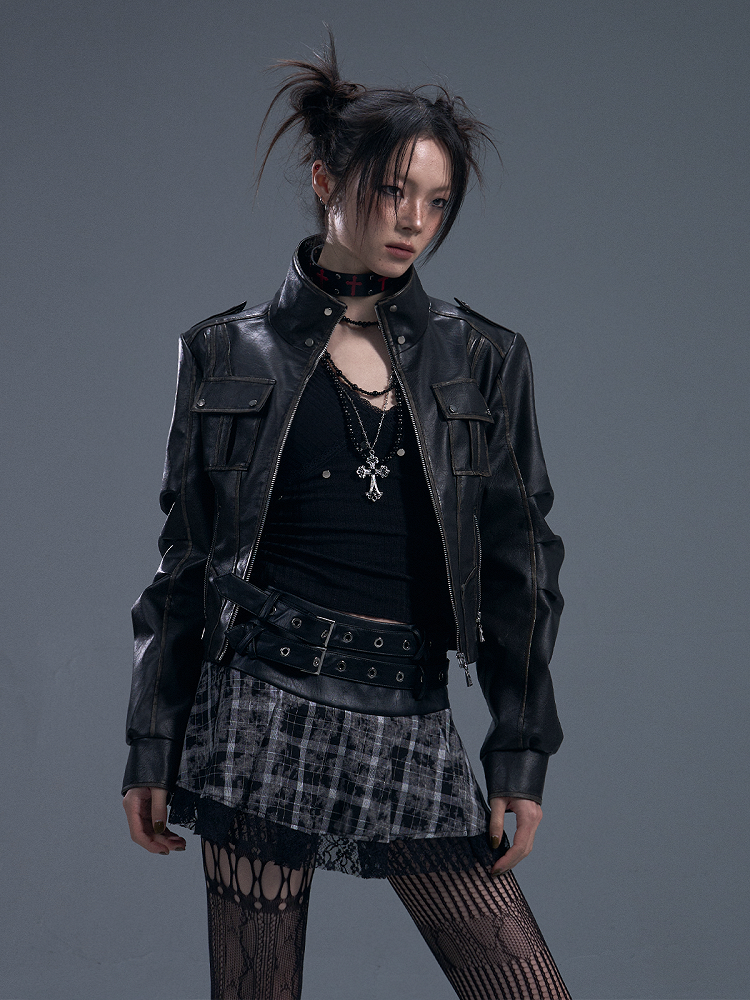 Black PU Vintage Punk Crop Jacket with Buckle Accents