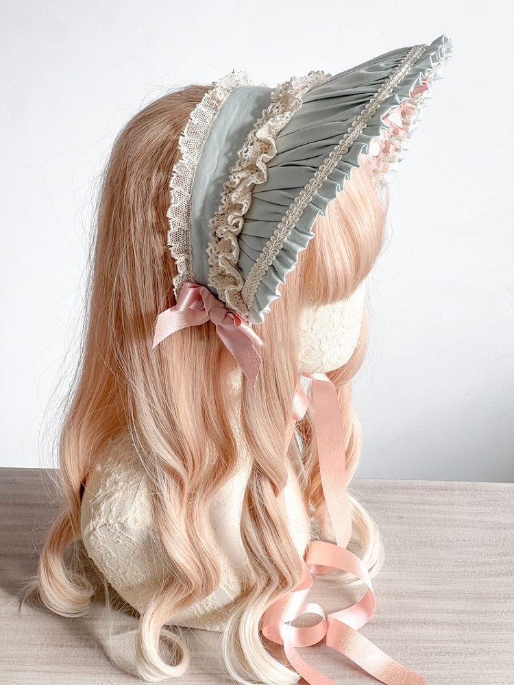 with Pink and Green Lace Sweet Ruffled Lolita Accents Bowknots Bonnet