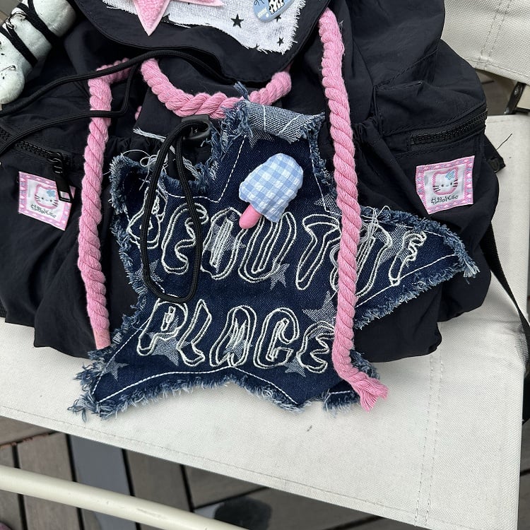 Black Backpack Preppy Drawstring Pink Frayed Applique Star Y2K with