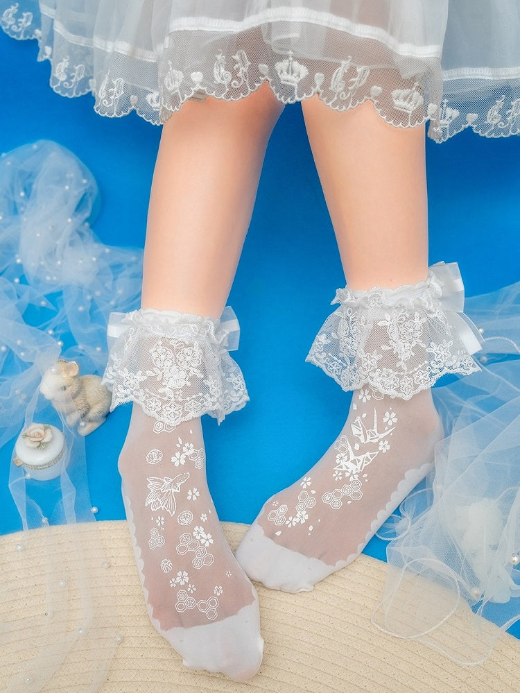 Print with Sakura Detachable White Cuffs Socks