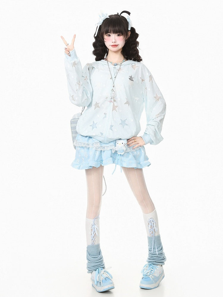 Breathable Blue Hooded Star Print Jacket - Languid Park