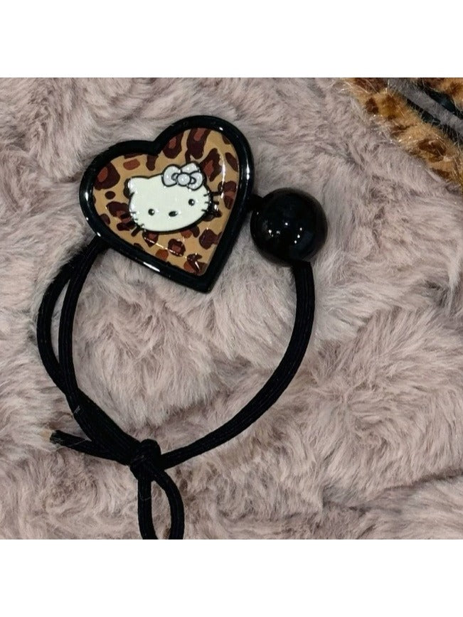 Leopard Print Heart Hair Tie with Cat Decoration - IVONA boutique