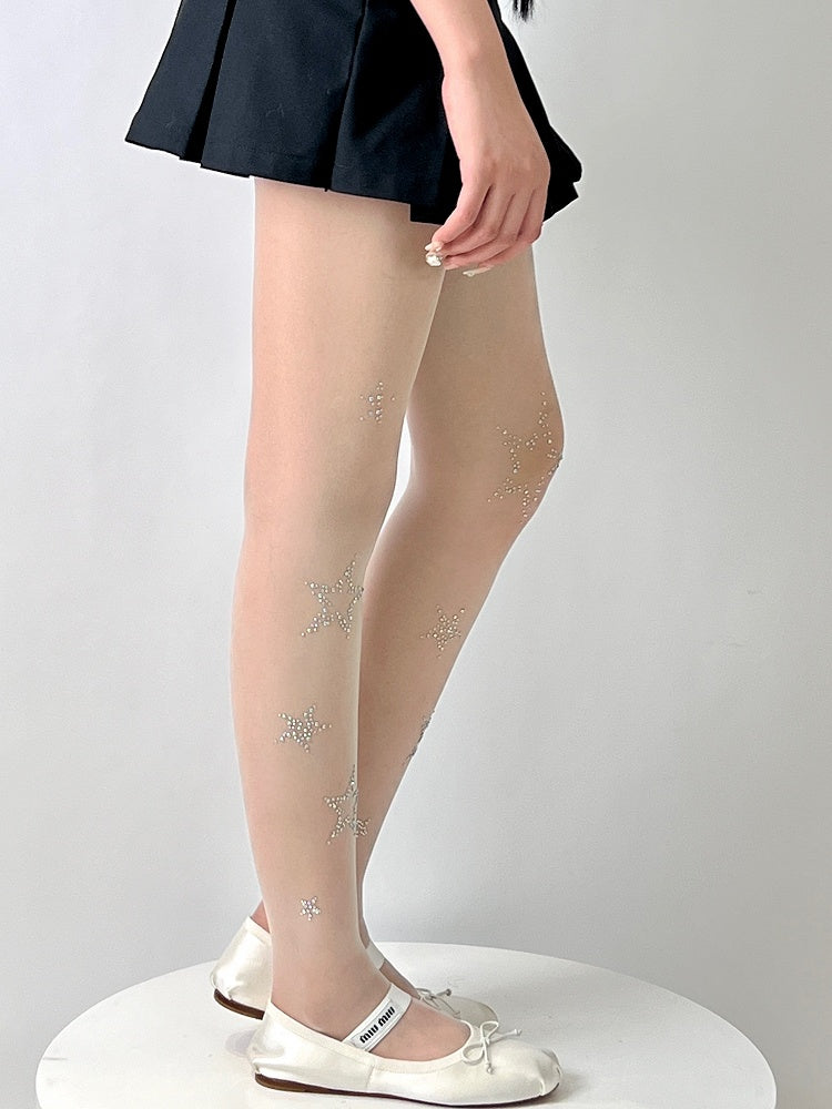 White Y2K Rhinestone Star Decorated Tights