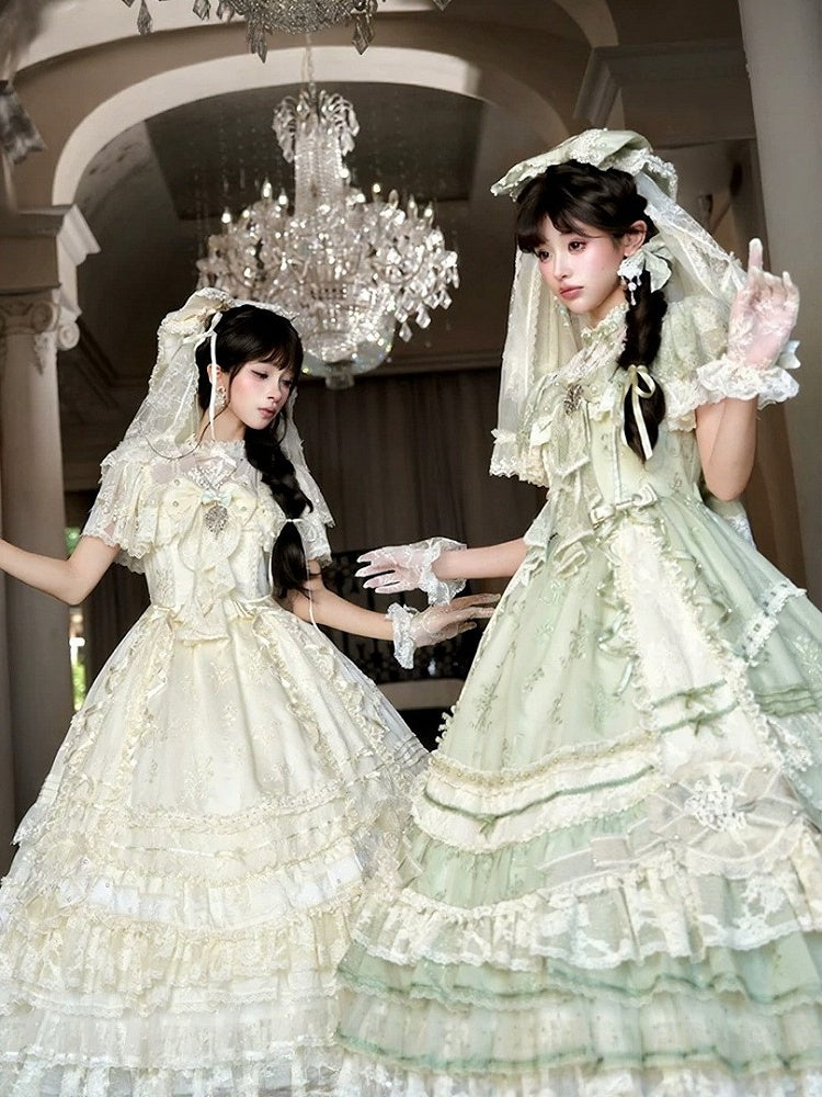 Emerald Lace-Trimmed OP Dress with Embroidered Flowers and Train - Mademoiselle Pearl
