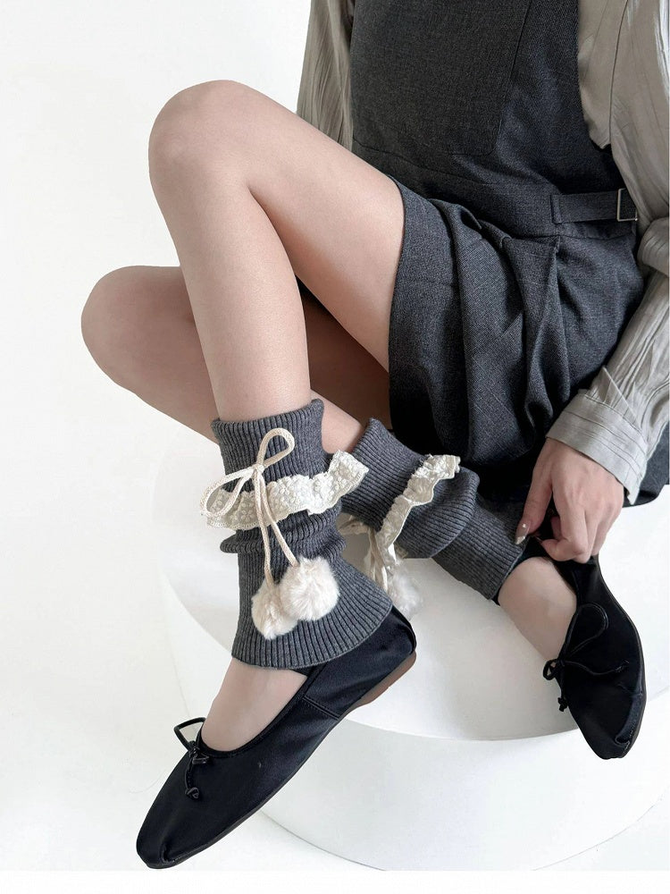 Lace Leg (7 Knit Colors) Ribbed Pom-Pom with Details Warmers