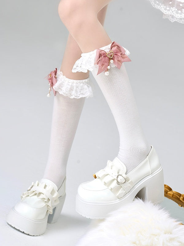 Jirai Colors Socks Lace 3 Bow Trim Calf Decoration Kei