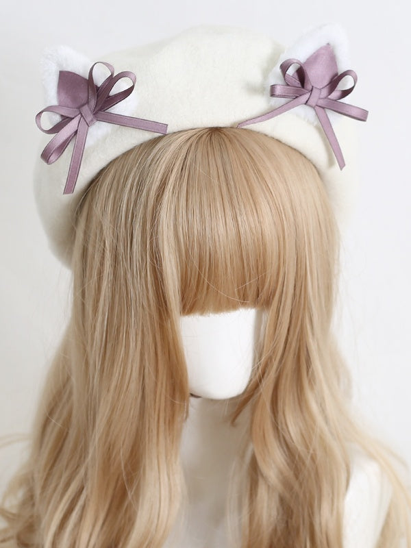 Colors Lolita Cute Off-white 11 Beret With Kitty Bowknot Ears