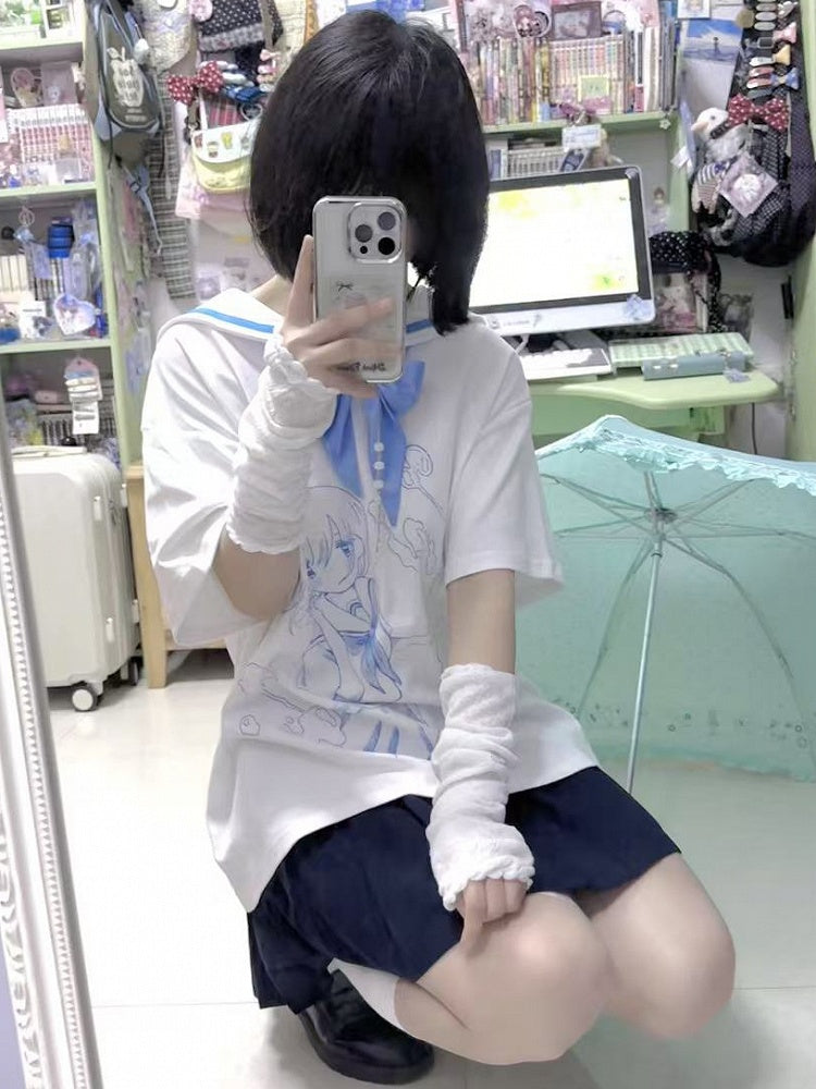With Tenshi Bow Cartoon Tie T-shirt Collar Blue Sailor WhiteBlue Kaiwai Print