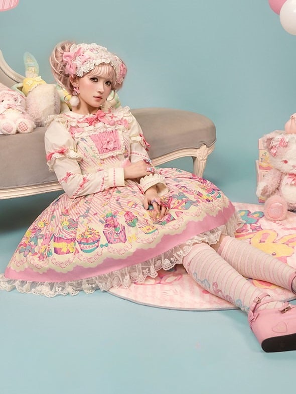 Flutter and Lace Prints Sweet JSK Pink Dress White Trim Sleeves with Lolita Cupcake