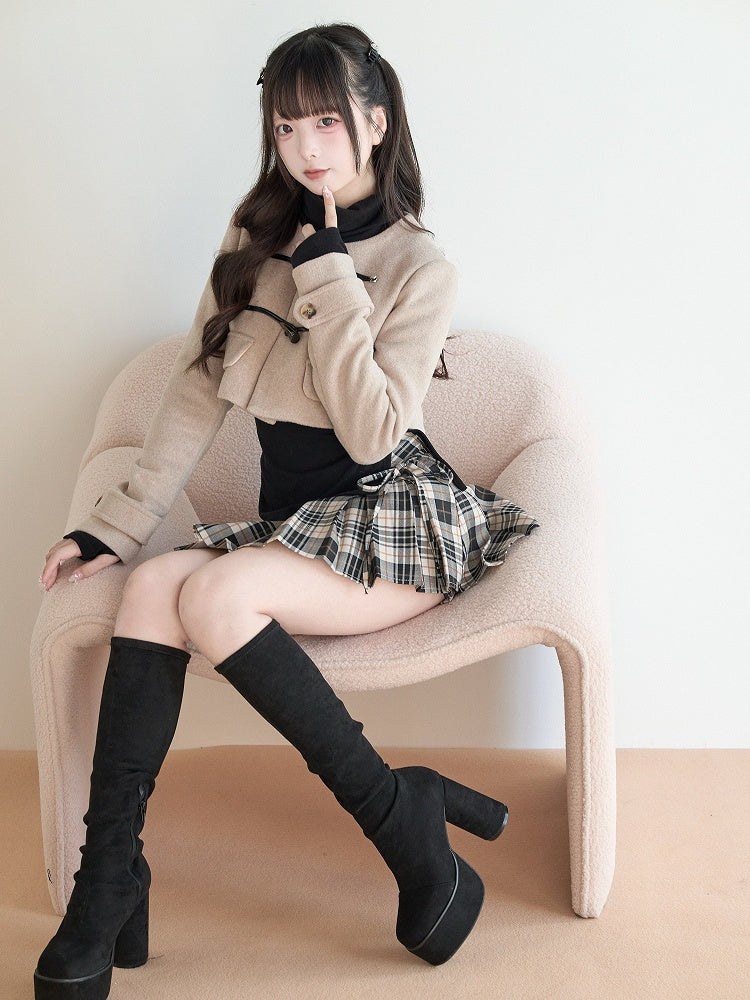 Coat Wool Kei Style Beige Blend Cropped Closures Pure Toggle Jirai with