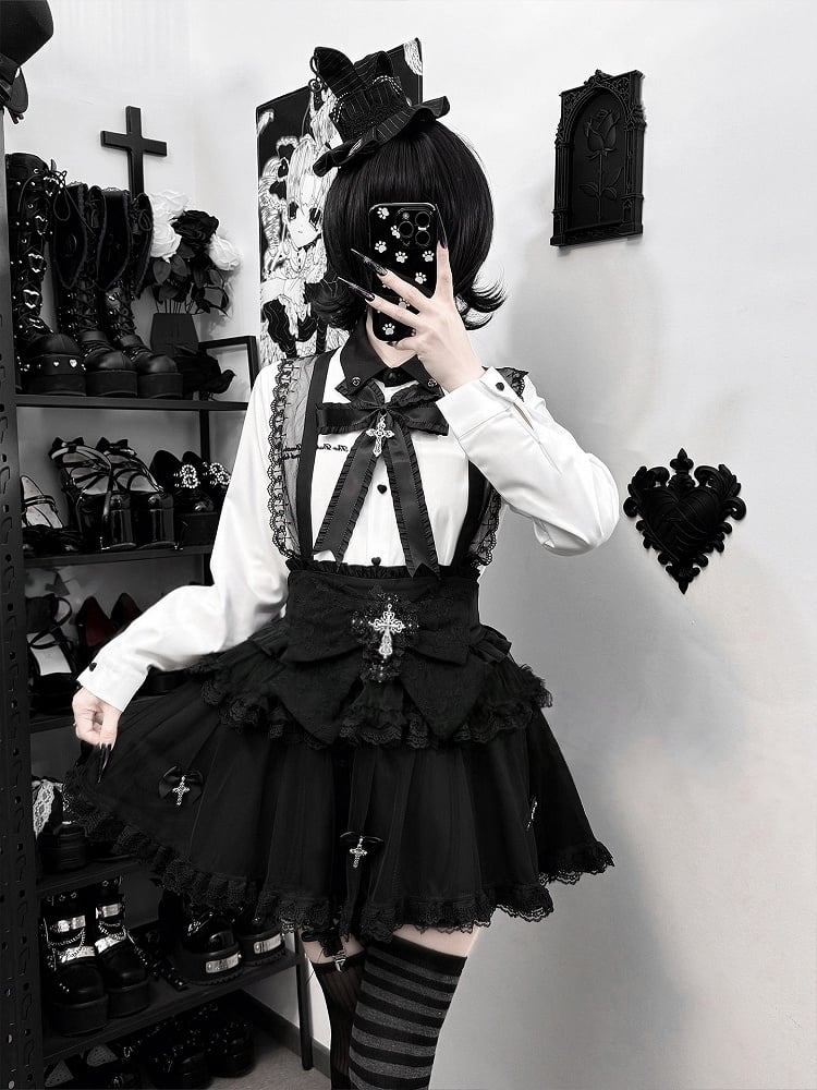 Bow + Tulle Black Jirai Skirt Kei Shirt Cross White Lace Set