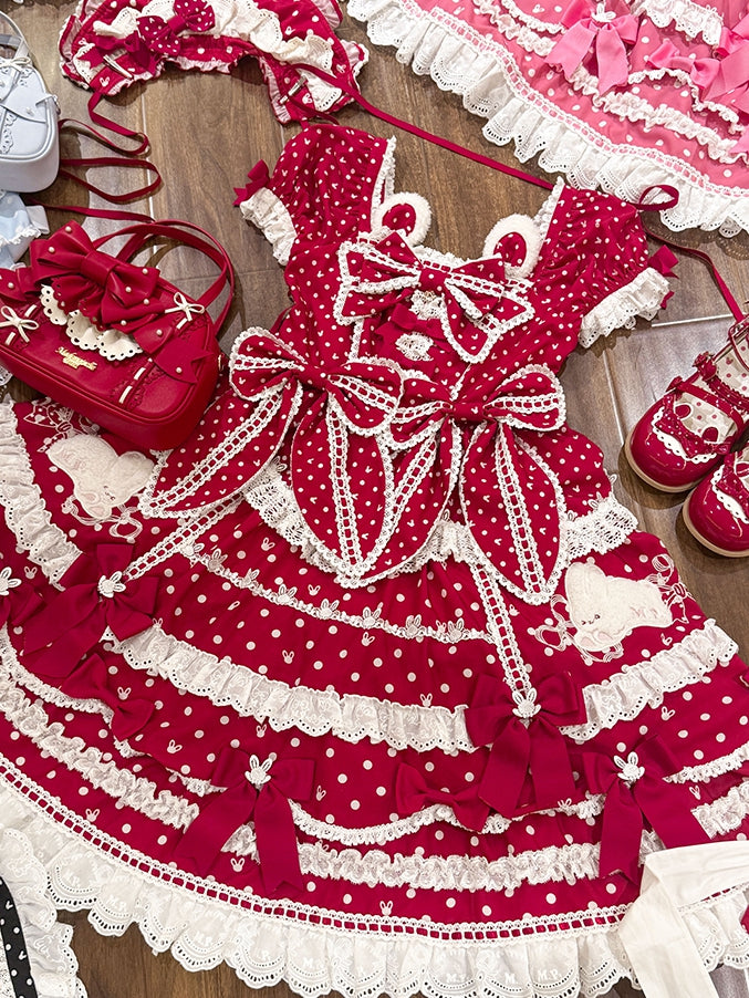 Plüschhasenmuster, wunderschönes quadratisches süßes Kleid, Lolita-Ohren, roter Ausschnitt, Polka-Version, Punkte