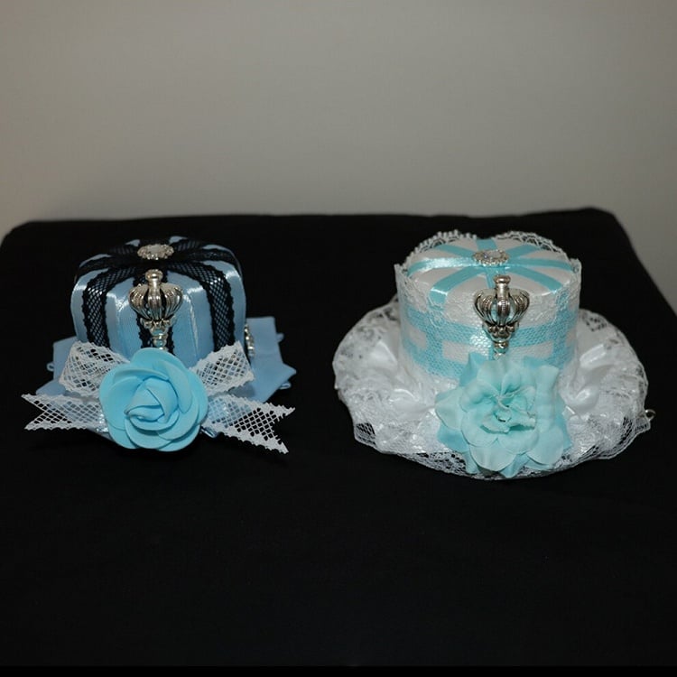 Blue/White Floral Crown Mini And Design Decorated Hat Rhinestone