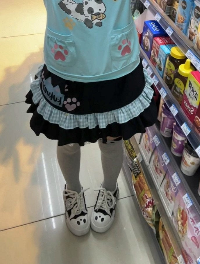 Pattern with Ruffle Kawaii Tiered Trim Skirt Black Cat Daily Plaid Paw