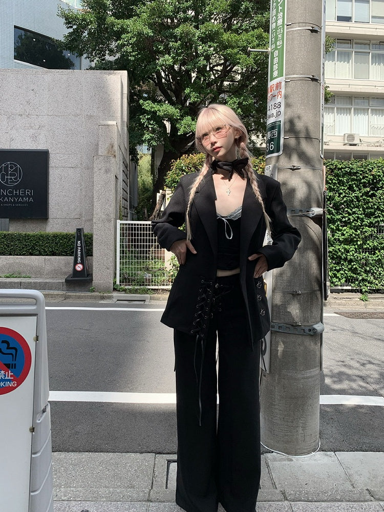 Black Pants Detailing Suit Wide-Leg with Lace-Up