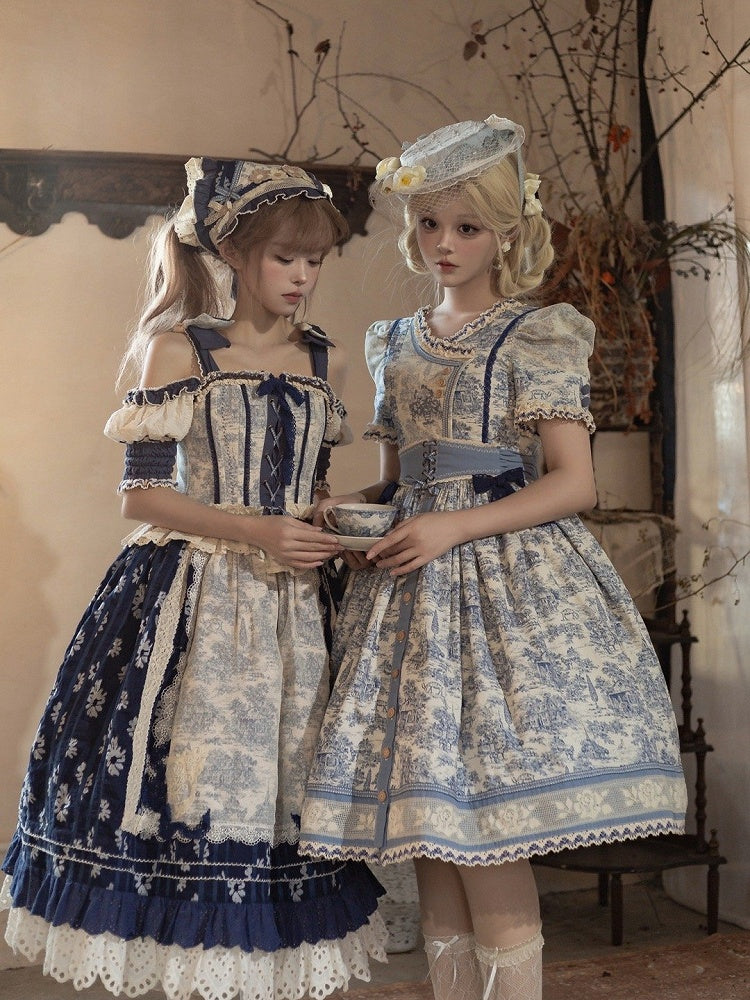 Blue Cabins in the Forest Front Button Placket Skirt Short Sleeves Lolita Dress