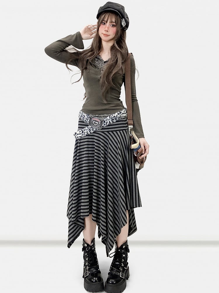 Gestreiftes Muster Y2K Schwarzer Taschentuchsaum