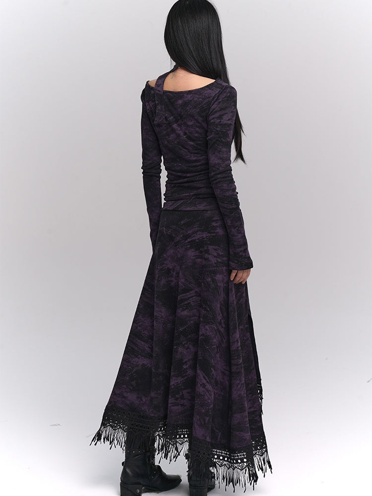 Wasteland Punk Purple Asymmetrical Tassel Hem Side-Slit Dress